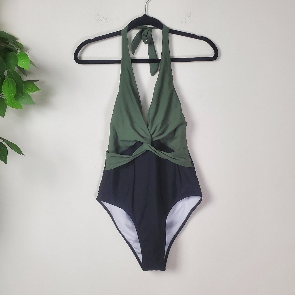 Green Black Halter Swimsuit One Piece Women's Large